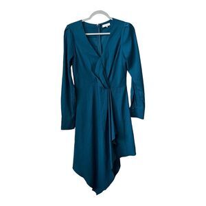 Parker Dress Womens Medium Teal Green V Neck Chiffon Ruffle Asymmetrical Length